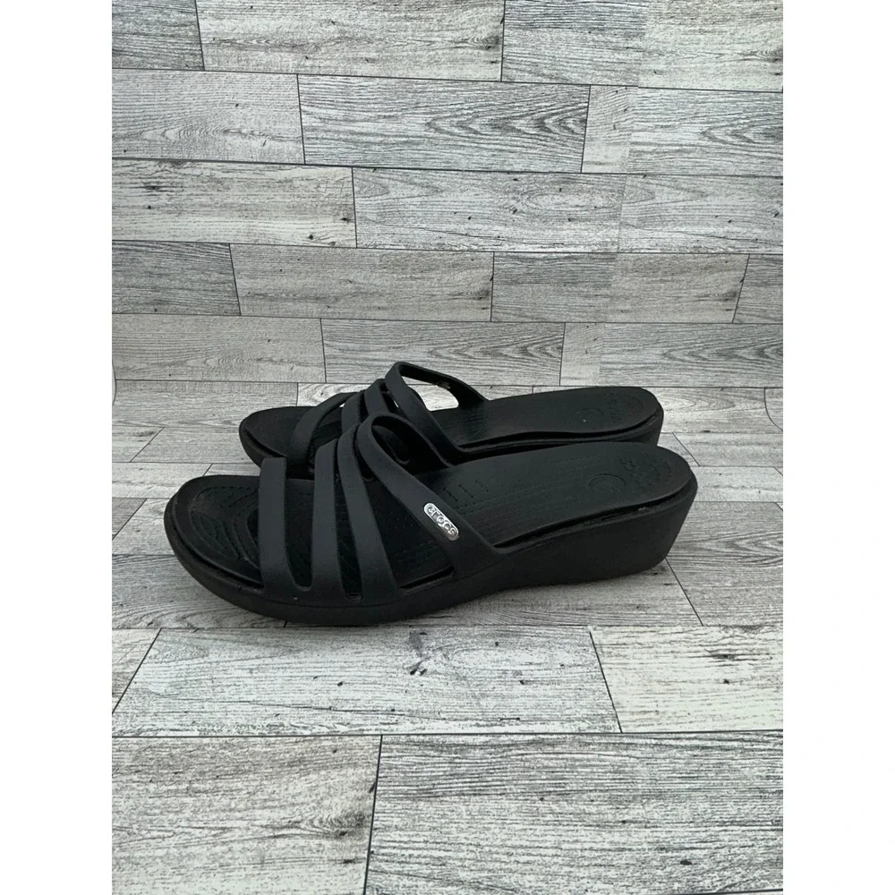 Crocs Women's‎ Rhonda Black Multi Strap Wedge Sandals Slides Comfort Size 11
